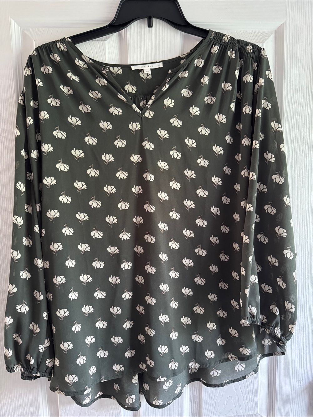 Fun 2Fun Olive Green Floral V-Neck Long-Sleeve Blouse